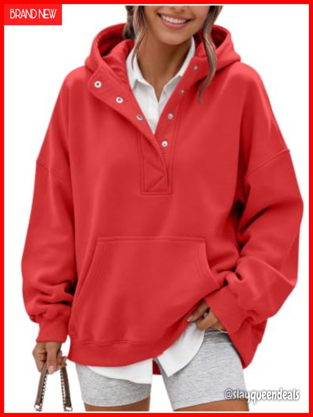 Oversized Cotton Polyester Fleece Henley Hoodie Long Sleeve Pullover
